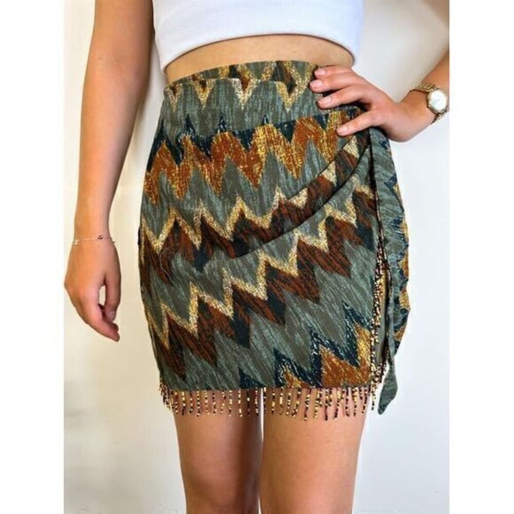 Micas Geometric Tassel Sarong Green Printed Skirt With Beads Size S‎